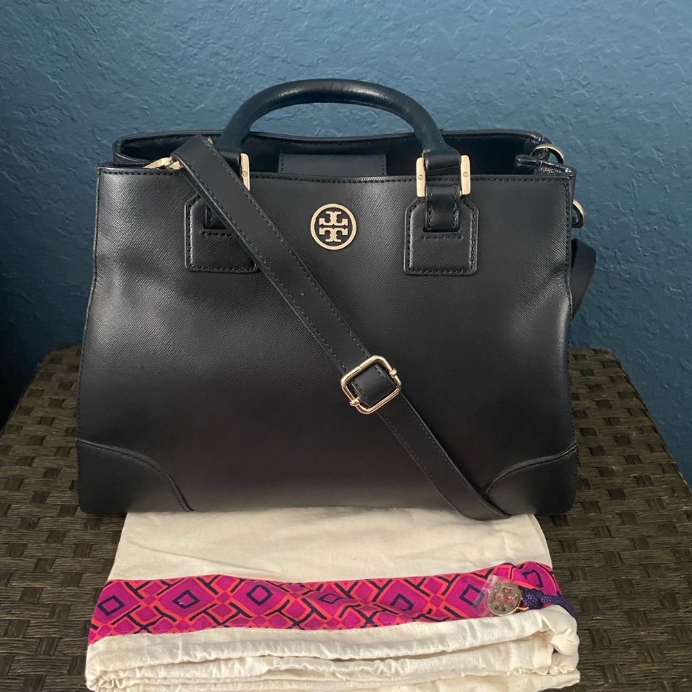 Tory Burch Robinson Black Satchel with Gold Accents